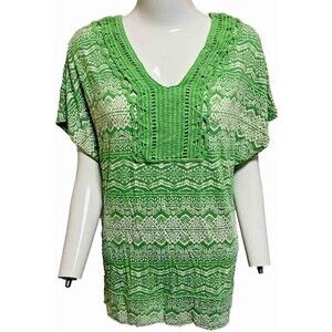 Chaus Top Short Sleeve Crochet Blouse Green‎ White Medium Boho Hippie Festival